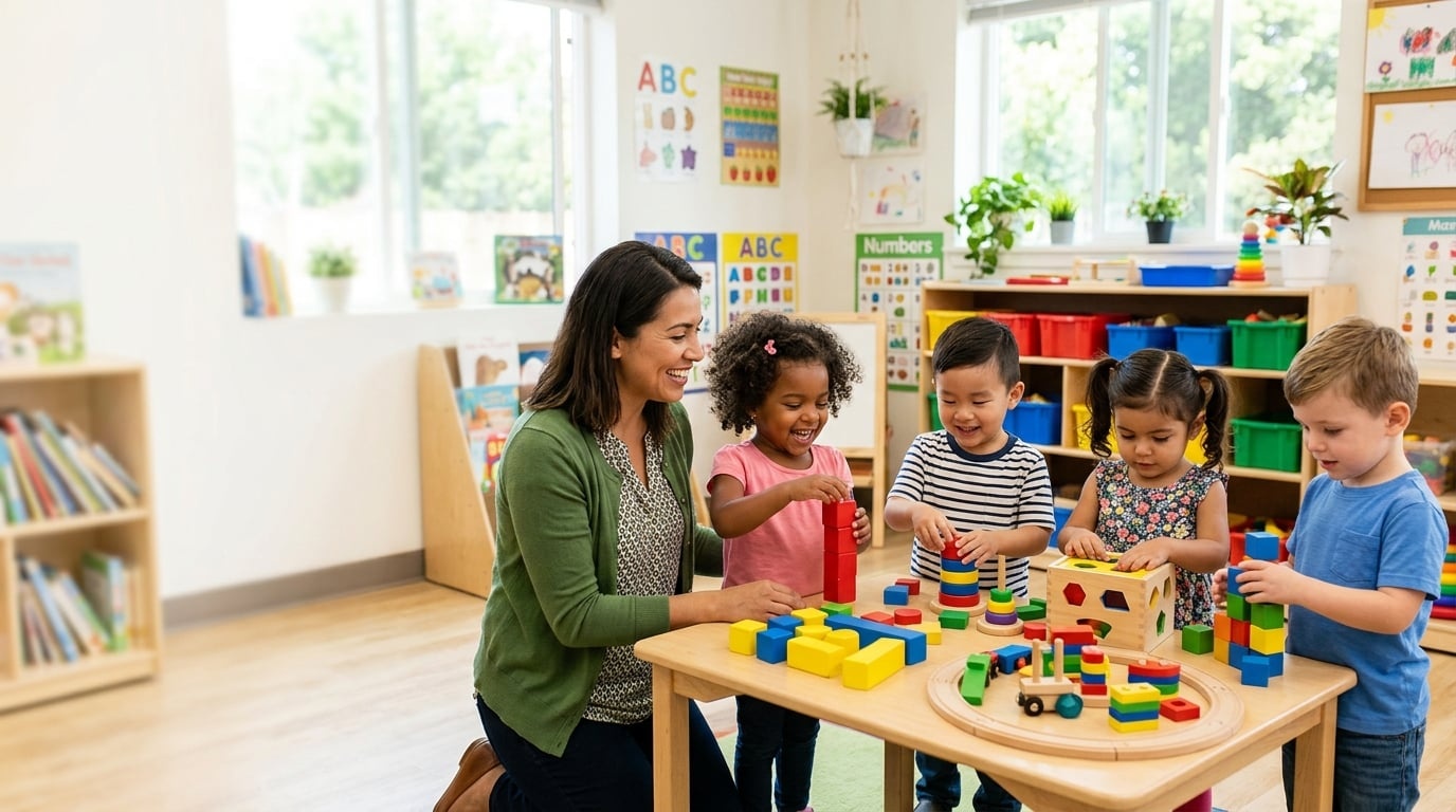 Early childhood teacher engaging with young children in a bright classroom